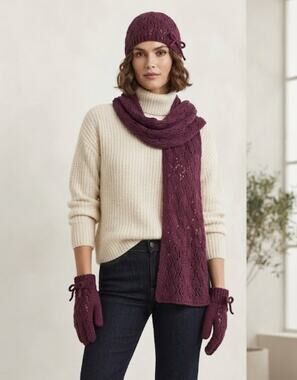 H&M Cranberry Crocheted Scarf Gloves Hat Matching Winter Set with Bows